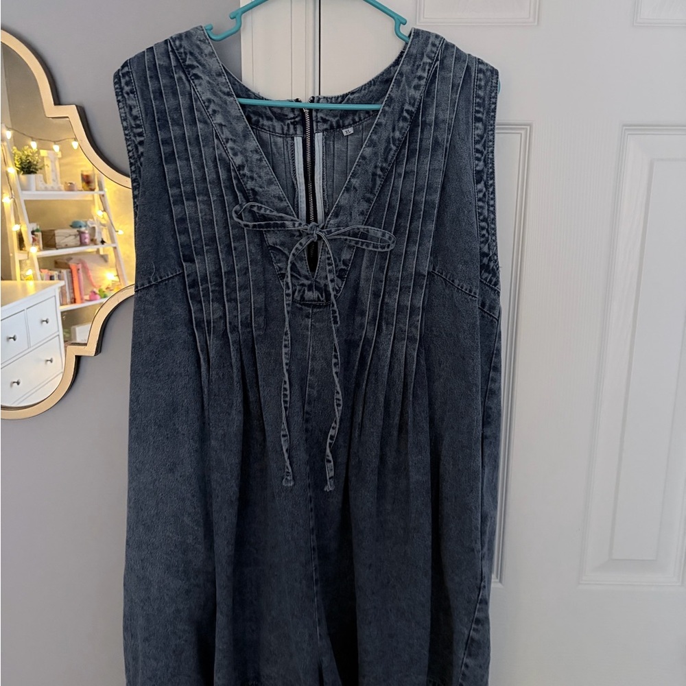 Denim Sleeveless Dress/Romper with Tie Front
